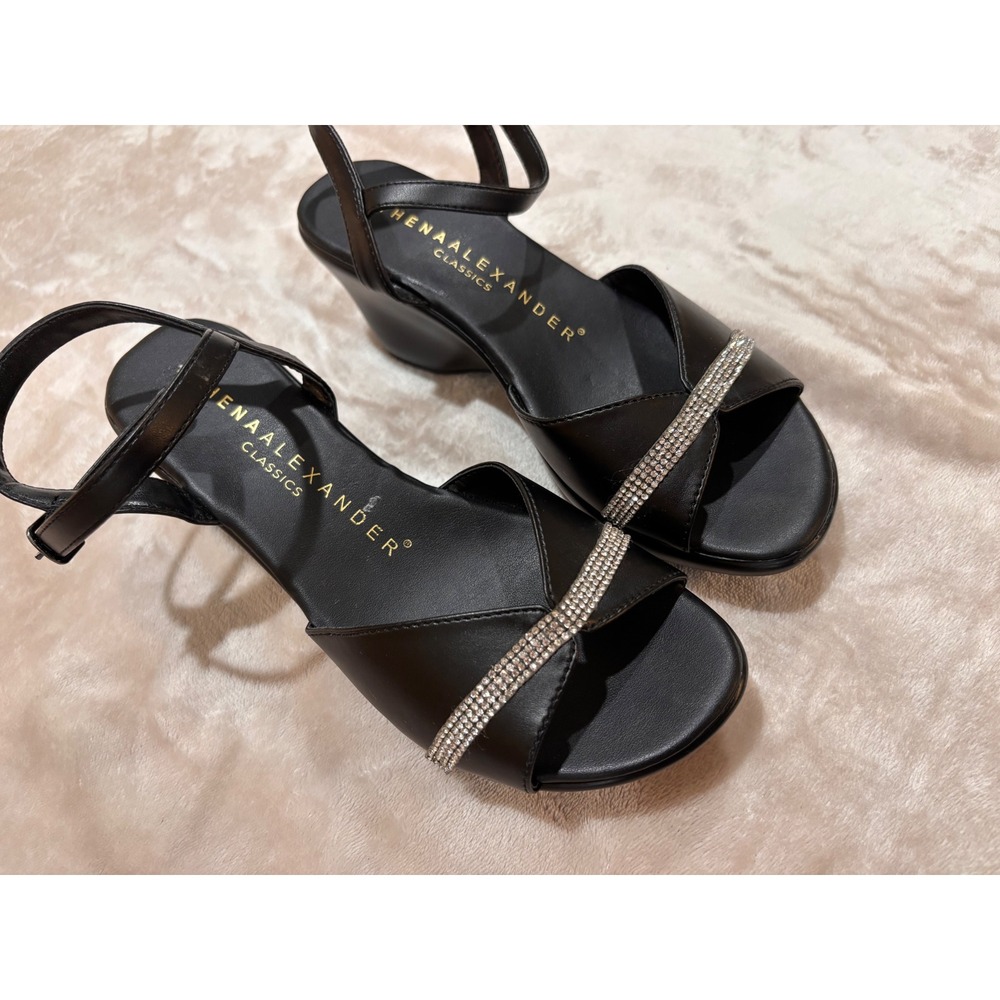 Athena Alexander Y2K McBling Rhinestone Wedge Sandals Black Platform Size 7